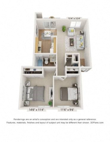 A floor plan of a small apartment with two bedrooms and a living area.
